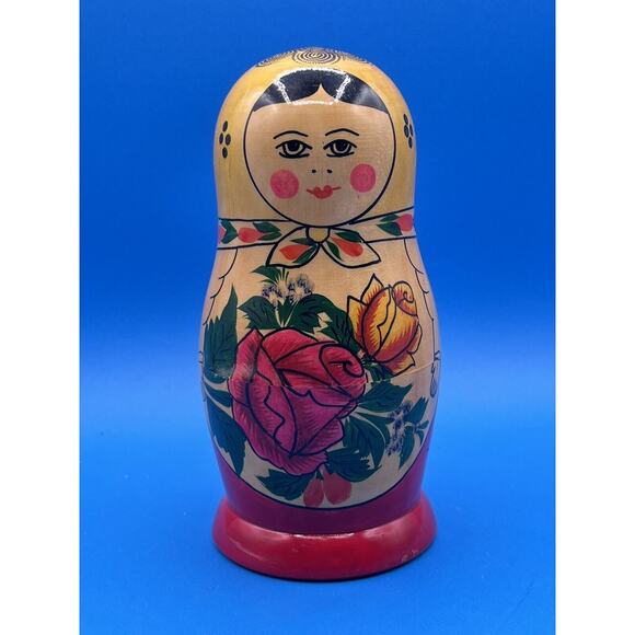 Other - Vintage Russian Wooden Nesting Dolls Set Of 7 Rose Design Original Label USSR